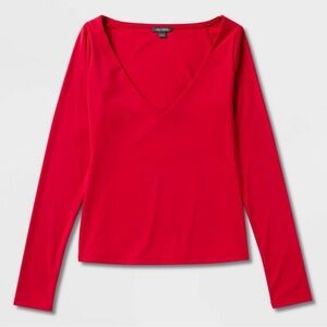 Long Sleeve V-Neck Top Double Fabric Front Lined Bodycon Red Size XL